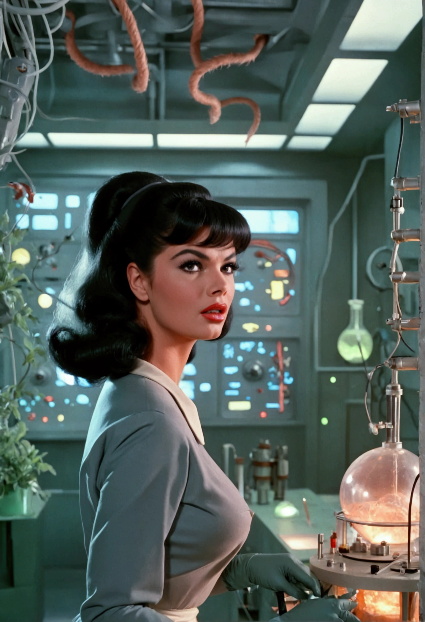 jayne mansfield (age 25, young and vibrant, sexy sci fi scientist), damsel in distress, recoiling from a terrible monster. science lab 1960s sci fi cinema. Show all of her, full body shown