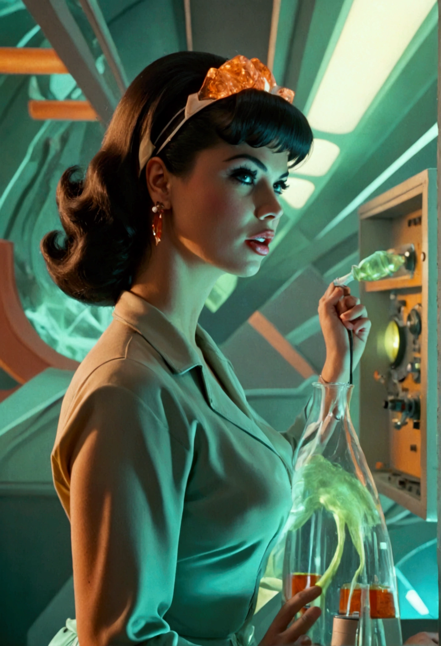 jayne mansfield (age 25, young and vibrant, sexy sci fi scientist), damsel in distress, recoiling from a terrible monster. science lab 1960s sci fi cinema. Show all of her, full body shown