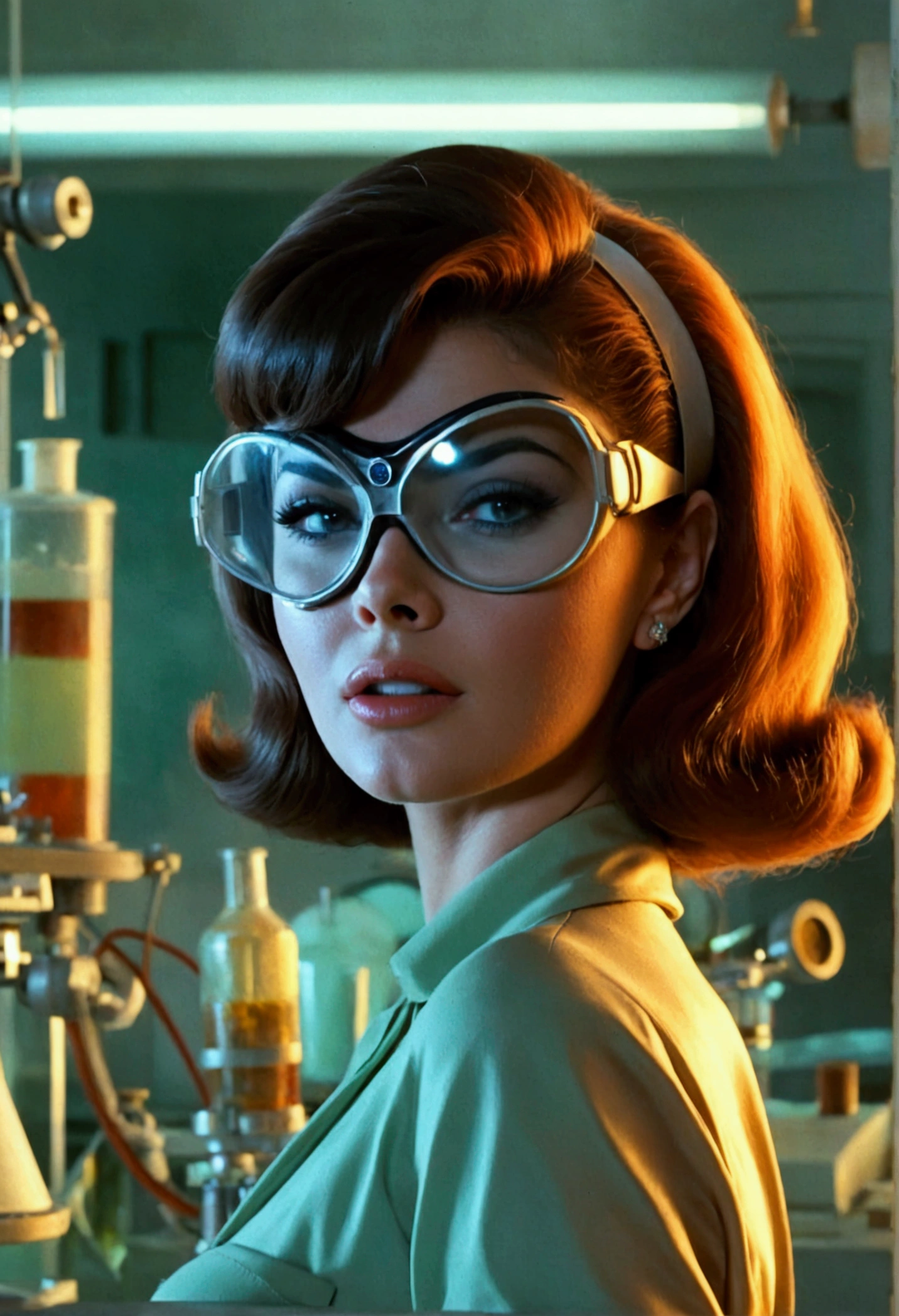 jayne mansfield (age 25, young and vibrant, sexy sci fi scientist), damsel in distress, recoiling from a terrible monster. science lab 1960s sci fi cinema. Show all of her, full body shown