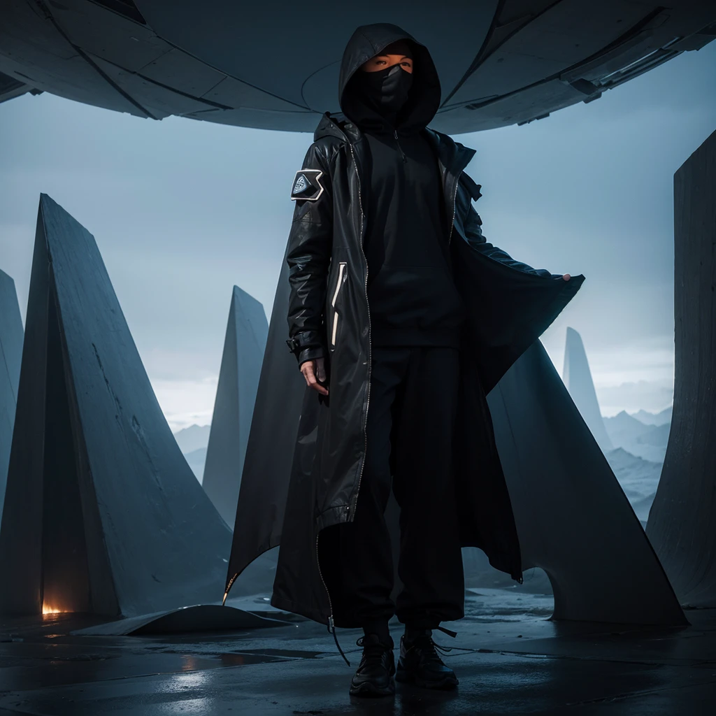 (The best quality)Hooded person looking at the futuristic architecture of an advanced civilization on another planet with dark color palette