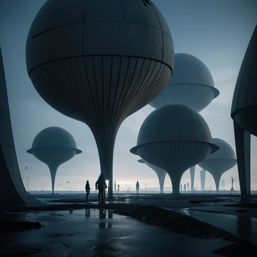 (The best quality)Hooded person looking at the futuristic architecture of an advanced civilization on another planet with dark color palette
