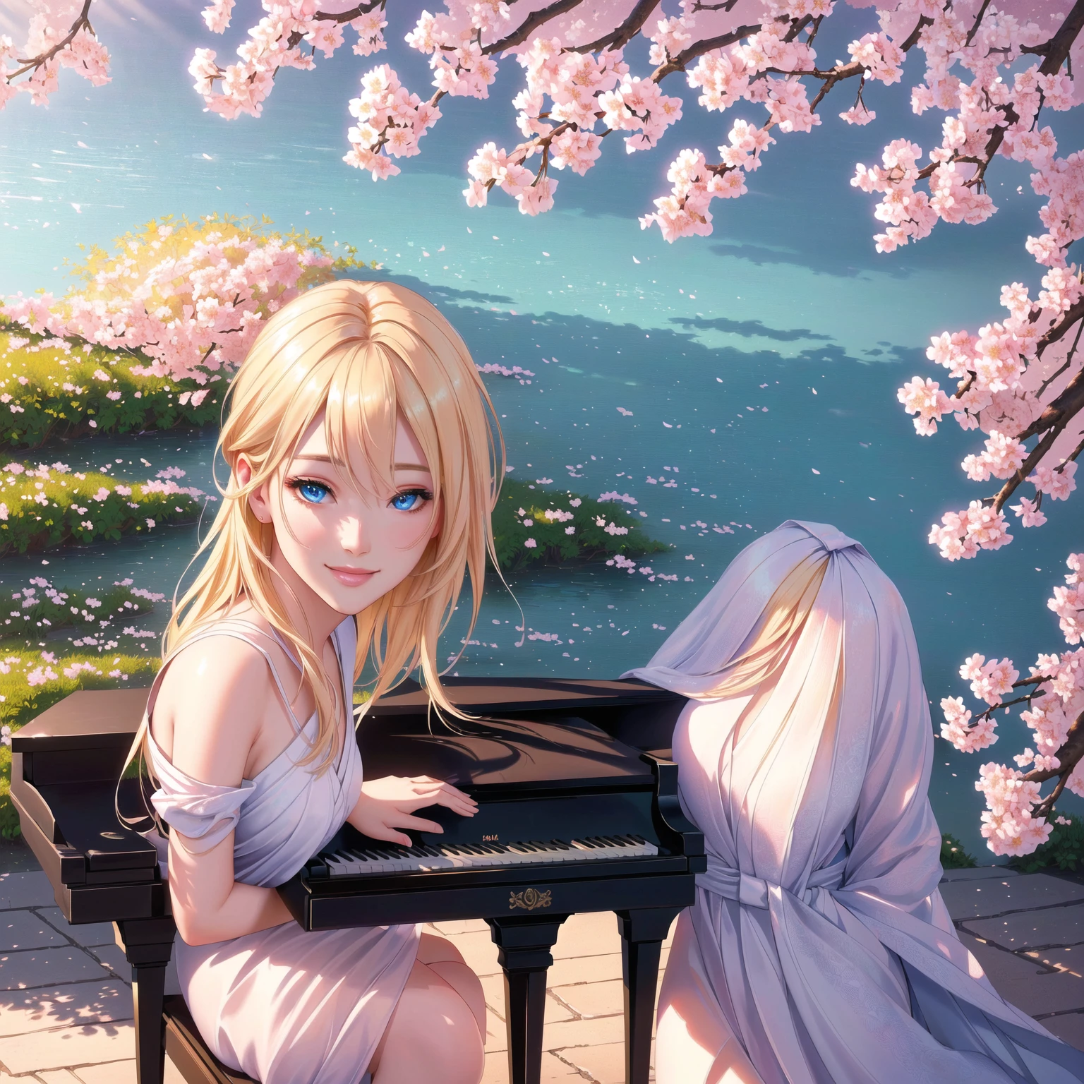 a beautiful blonde girl smiling, with stunning blue eyes, playing a grand piano under a blooming cherry blossom tree with vibrant colors, masterpiece, (best quality,4k,8k,highres,masterpiece:1.2),ultra-detailed,(realistic,photorealistic,photo-realistic:1.37),intricate details,exquisite textures,soft lighting,warm color palette,cinematic composition,dramatic lighting,dramatic pose,elegant,graceful,serene,peaceful,calming,fantasy,digital painting,oil painting,photorealistic,highly detailed