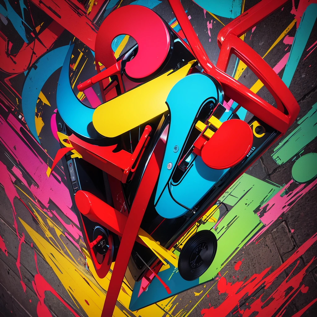 Create a music album cover inspired by visual elements from Red Hot Chili Peppers albums. A imagem deve ter um estilo underground, mixing colorful graffiti with a vintage touch. Include iconic elements associated with the band, like red peppers, Californians and asterisks. The background must be urban, maybe a brick wall with artistic graffiti. Also add details like old headphones, floating musical notes and a vibrant color palette, with a predominance of red, yellow and black. The image must convey energy and rebellion, typical of the band.