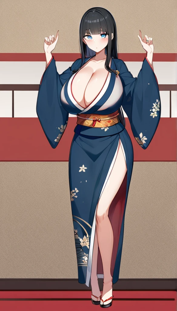  24-years-old, Huge breasts, soft, Long black hair, Straight bangs, Full body illustration of a blue-eyed girl, Japanese Kimono,