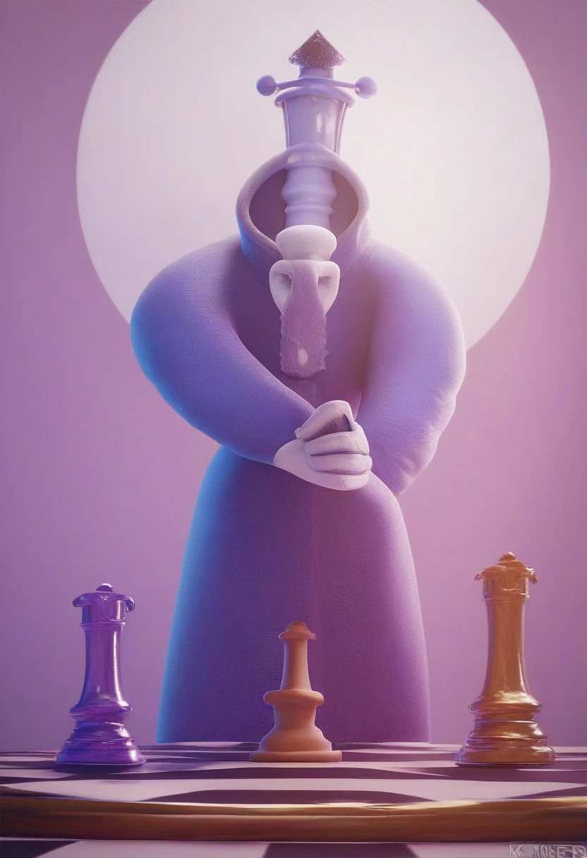 kinger, solo, 1boy looking at viewer, blue eyes, no humans, chess piece, purple kings robe, invisible arms, white gloves, wide eyed, 3d source, alive