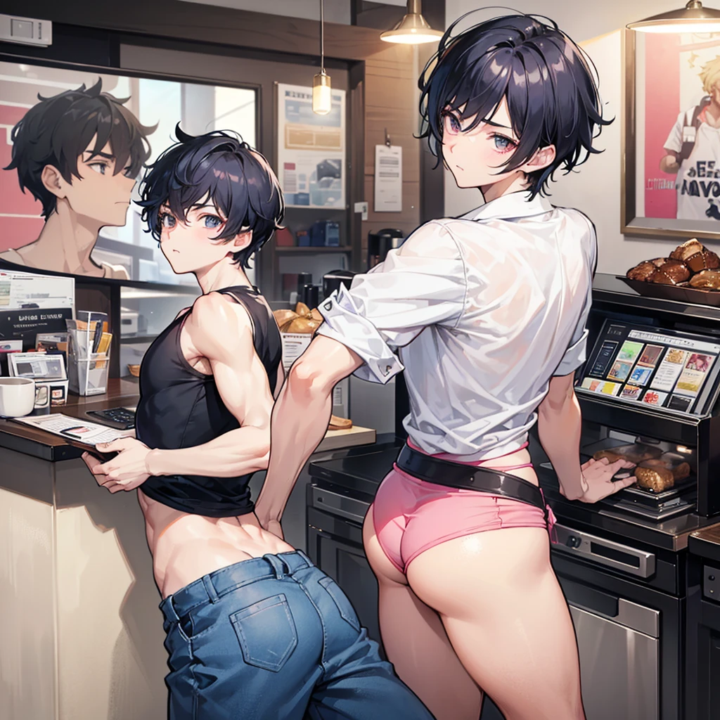 College boy. Boy. Male. Short hair. He is a handsome man, very disciplined and studious. He has a slim toned body and a thick rear, wears a pink short short, making his voluminous ass stand out. Blone messy hair. High quality. Bending over, rear pointed at camera, looking back. Coffee shop.