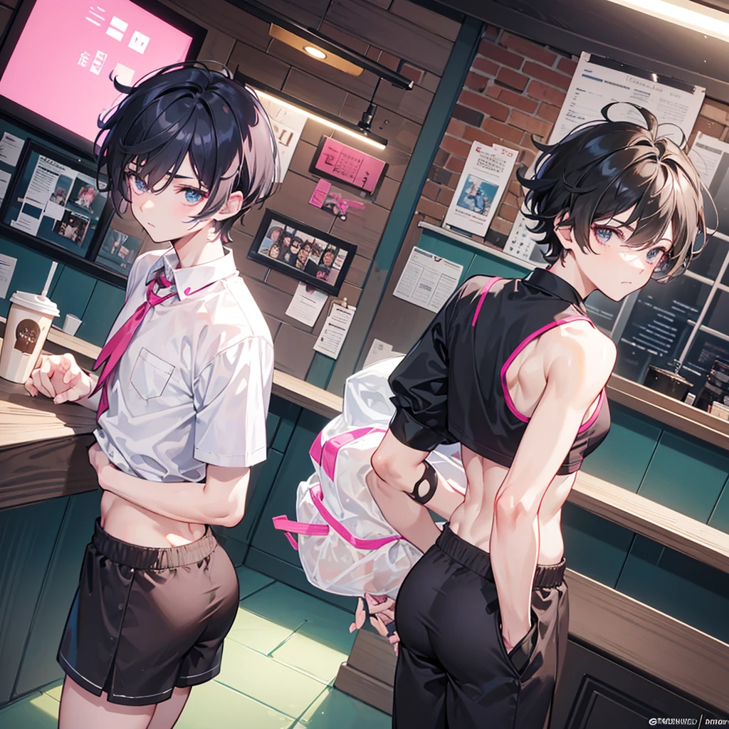 College boy. Boy. Male. Short hair. He is a handsome man, very disciplined and studious. He has a slim toned body and a thick rear, wears a pink short short, making his voluminous ass stand out. Blone messy hair. High quality. Bending over, rear pointed at camera, looking back. Coffee shop.