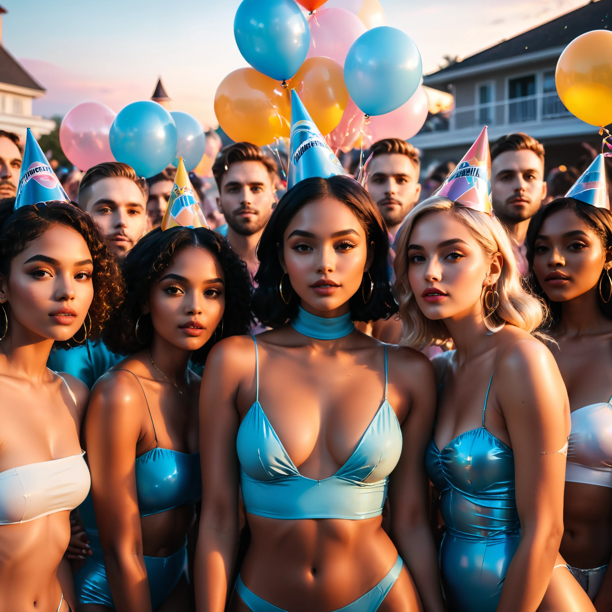 (group of diverse pool party guests,detailed gorgeous faces,party hat,turtleneck top,perfect anatomy,innocent),cocktail,party balloons,swimming pool,sunset,cinematic lighting,(masterpiece,8k,Professional,perfect composition,very aesthetic,absurdres,ultra-detailed,intricate details:1.2),perfect proportion