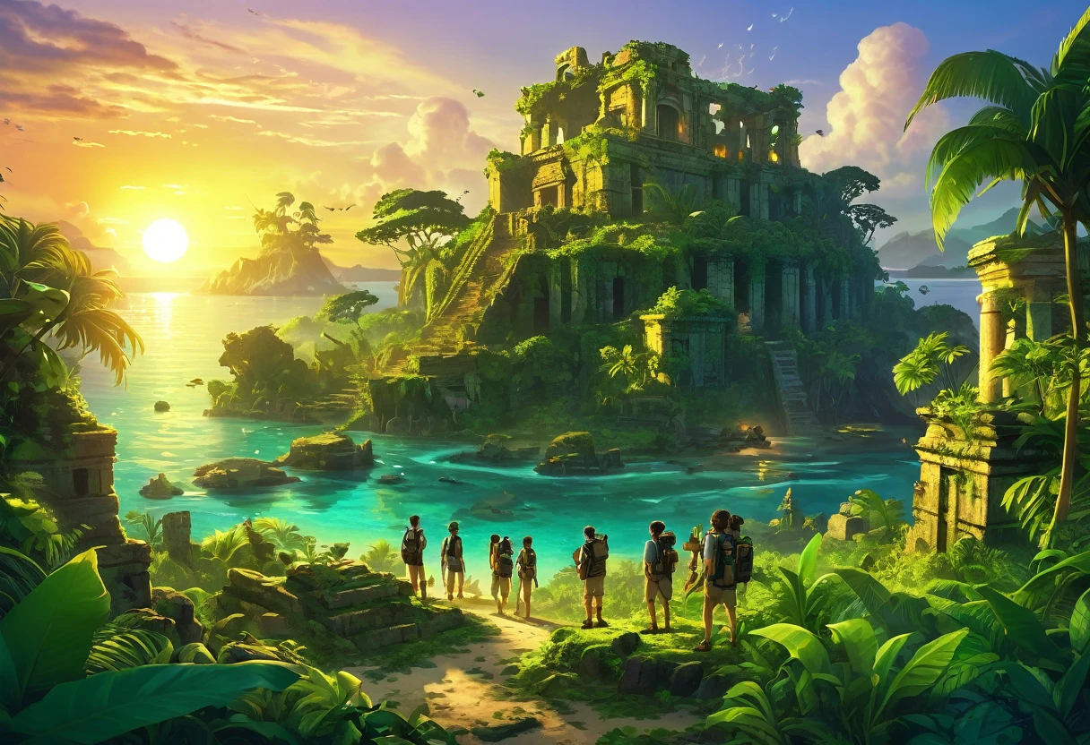 Mysterious island with lush vegetation and ancient ruins at sunset. A group of researchers in various equipment in the foreground, ready for adventure. glowing artifacts and shimmering treasures, attention-grabbing. Warm golds and greens, emphasizing the atmosphere of mystery and adventure.
