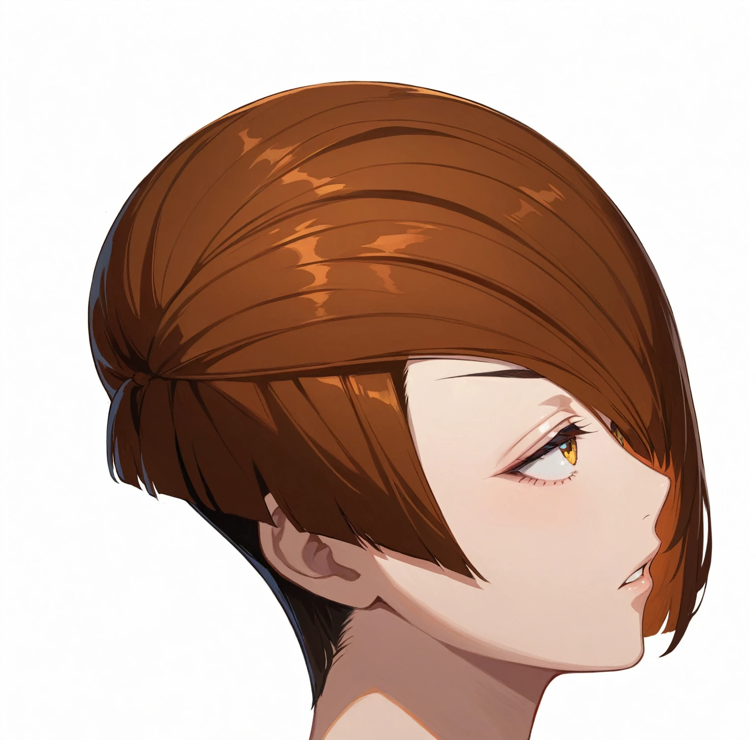 1girl, ((((boyish)))), beautiful detailed eyes, beautiful detailed lips, extremely detailed eyes and face, short hairstyle, deep side part, hair over half face, asymmetrical haircut, shiny hair, detailed hair, ((tomboy)), edgy, frowning, seinen anime style, (best quality,4k,8k,highres,masterpiece:1.2),ultra-detailed,vibrant colors,dramatic lighting