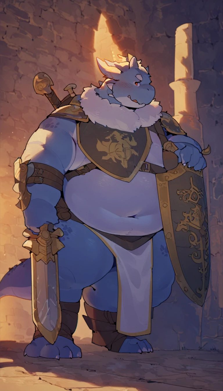 Dragon, male, furry anime,fat, chubby,perfect body,paladin,wearing Medieval adventure equipment ,A heavy greatsword on the back, heavy Shield, medieval times,anthro,doujin,yaoi,fantasy,isekai, adventure, by quanjiang, masterpiece