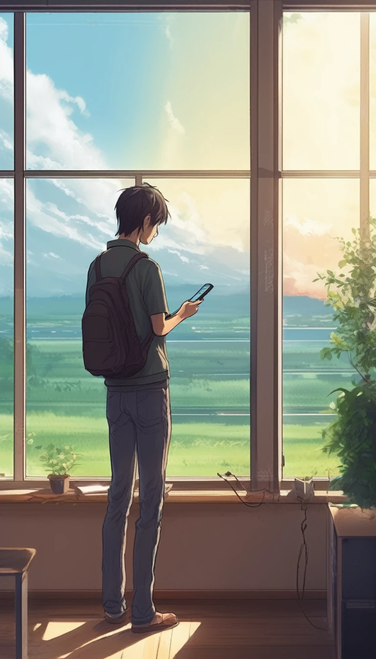 Create a Makoto Shinkai-style photo of a programmer standing near a window. He is looking at his cell phone while admiring the nature outside the window., Drawing in the style of Makoto Shinkei's anime. There is a beautiful view of nature beyond the window..There is a hot cup of coffee near the desk.