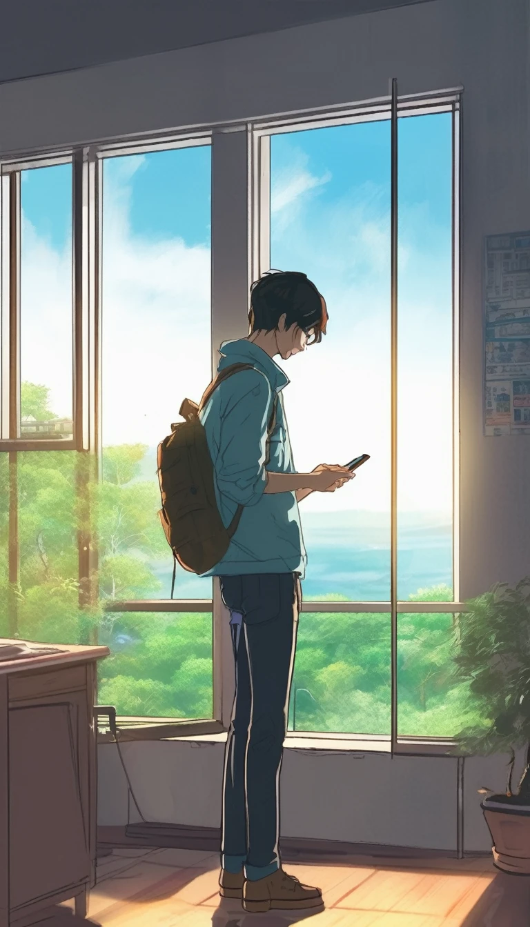 Create a Makoto Shinkai-style photo of a programmer standing near a window. He is looking at his cell phone while admiring the nature outside the window., Drawing in the style of Makoto Shinkei's anime. There is a beautiful view of nature beyond the window..There is a hot cup of coffee near the desk.