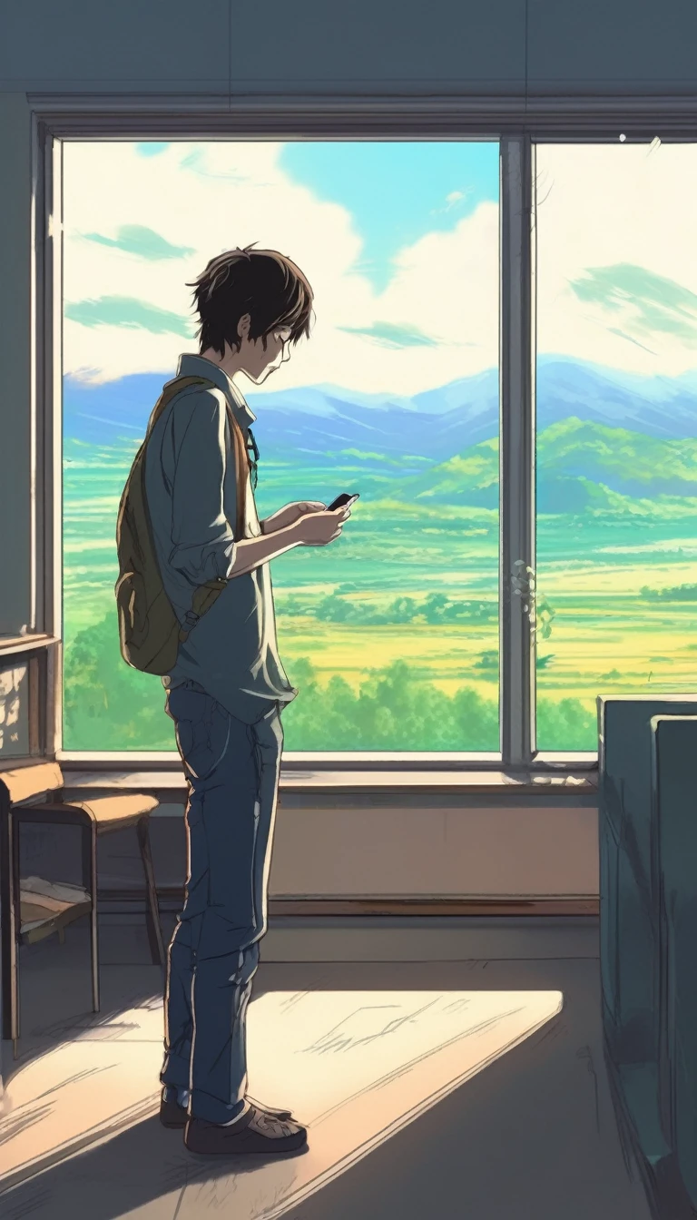 Create a Makoto Shinkai-style photo of a programmer standing near a window. He is looking at his cell phone while admiring the nature outside the window., Drawing in the style of Makoto Shinkei&#39;s anime. There is a beautiful view of nature beyond the window..There is a hot cup of coffee near the desk.