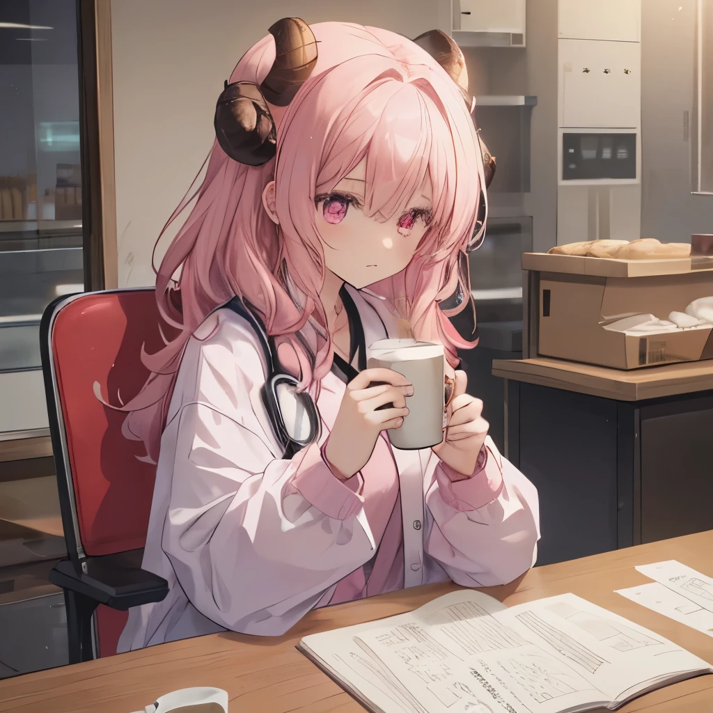 An anime-style illustration of ‘Fua-chan’ sitting in a chair during a night shift, eating bread and drinking coffee. Fua-chan has distinctive features: long pink hair styled in soft curls resembling sheep’s horns, and pink eyes. She is depicted wearing a white doctor’s coat over her scrubs, with a stethoscope around her neck. She is sitting in a break room chair, holding a piece of bread in one hand and a cup of coffee in the other. Her expression is tired but content, taking a moment to recharge during her shift. The background shows a dimly lit break room with a table, some medical charts, and a soft, cozy atmosphere.