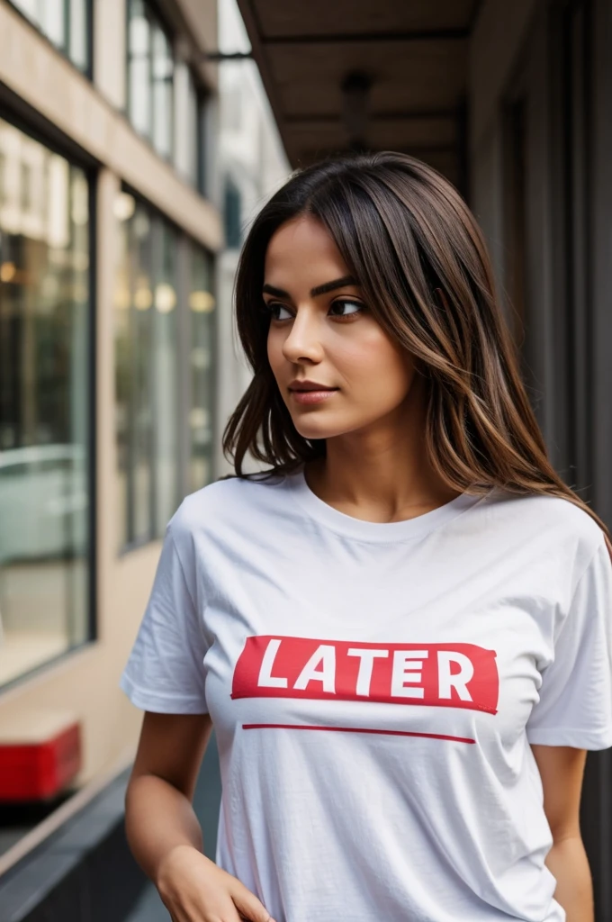 Create an image that shows a woman wearing a t-shirt that says &#39;fruteria el pheasant&#39; on the front. The woman must be in a visible position, with the phrase clearly legible. The background can be an urban environment or an everyday scene to highlight the message of the t-shirt. Make sure the colors of the t-shirt and text are bold to attract attention."