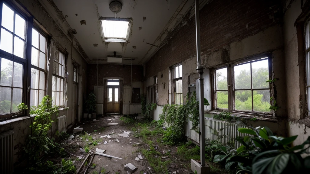 An old and dingy psychiatric hospital, with broken windows and vegetation growing around, illuminated by a dim and mysterious light.
