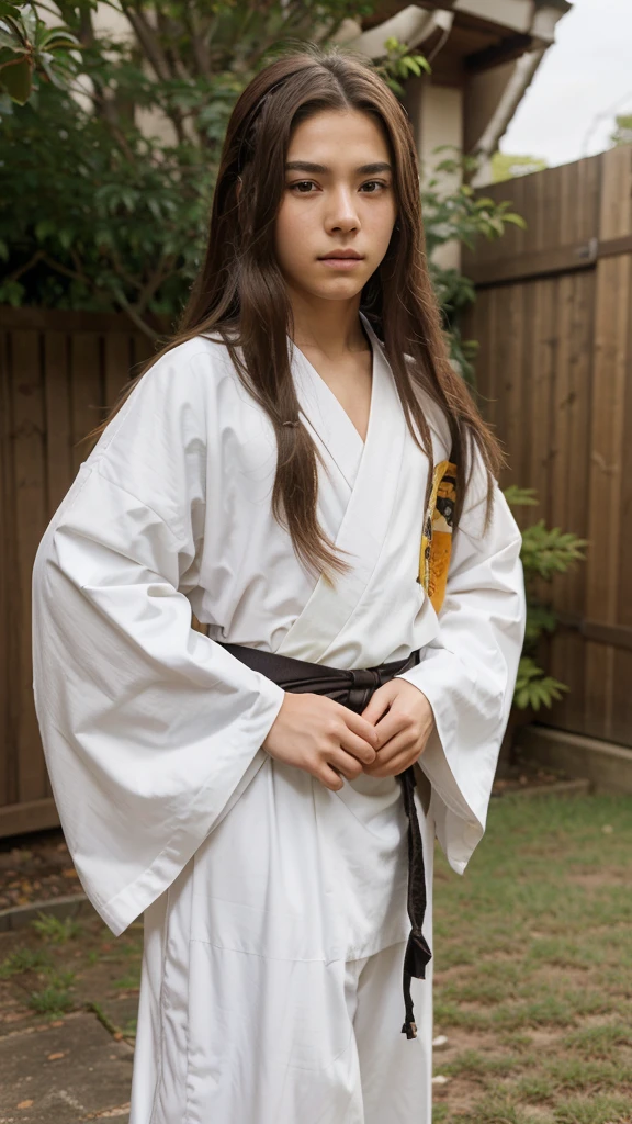 , Boy, long hair, brown hair, parted in the middle, ninja band on his forehead,  male kimono white Appearance of Neji Hyuga from Naruto  https://images.app.goo.gl/SPRrSc4MFtyZyeDt5