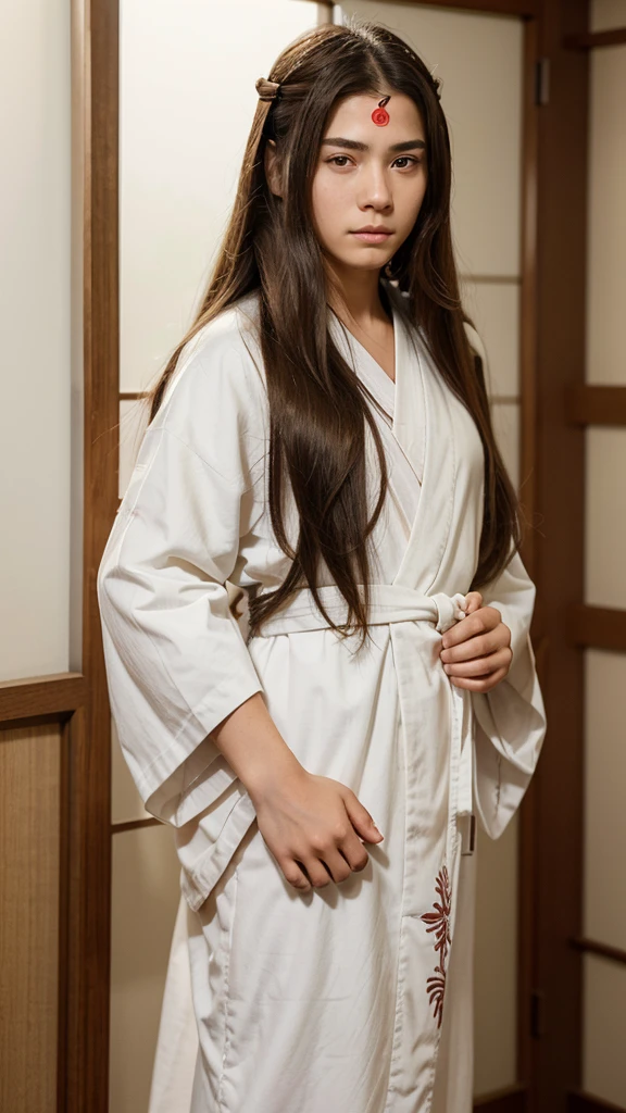 , Boy, long hair, brown hair, parted in the middle, ninja band on his forehead,  male kimono white Appearance of Neji Hyuga from Naruto  https://images.app.goo.gl/SPRrSc4MFtyZyeDt5