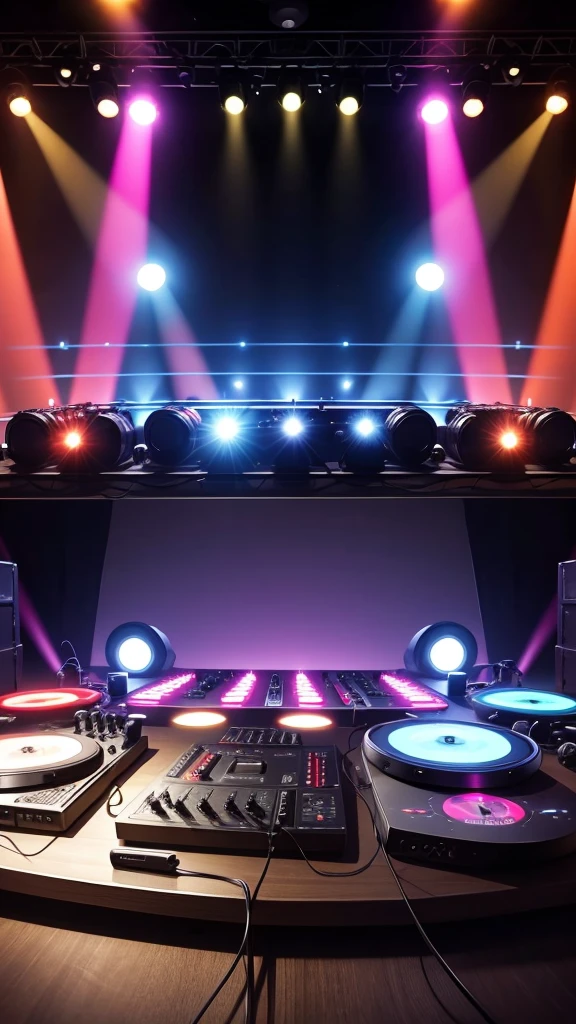 stage with lights, turntable, dj mixer, laptop