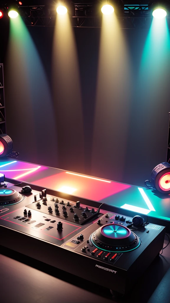 stage with lights, turntable, dj mixer, laptop
