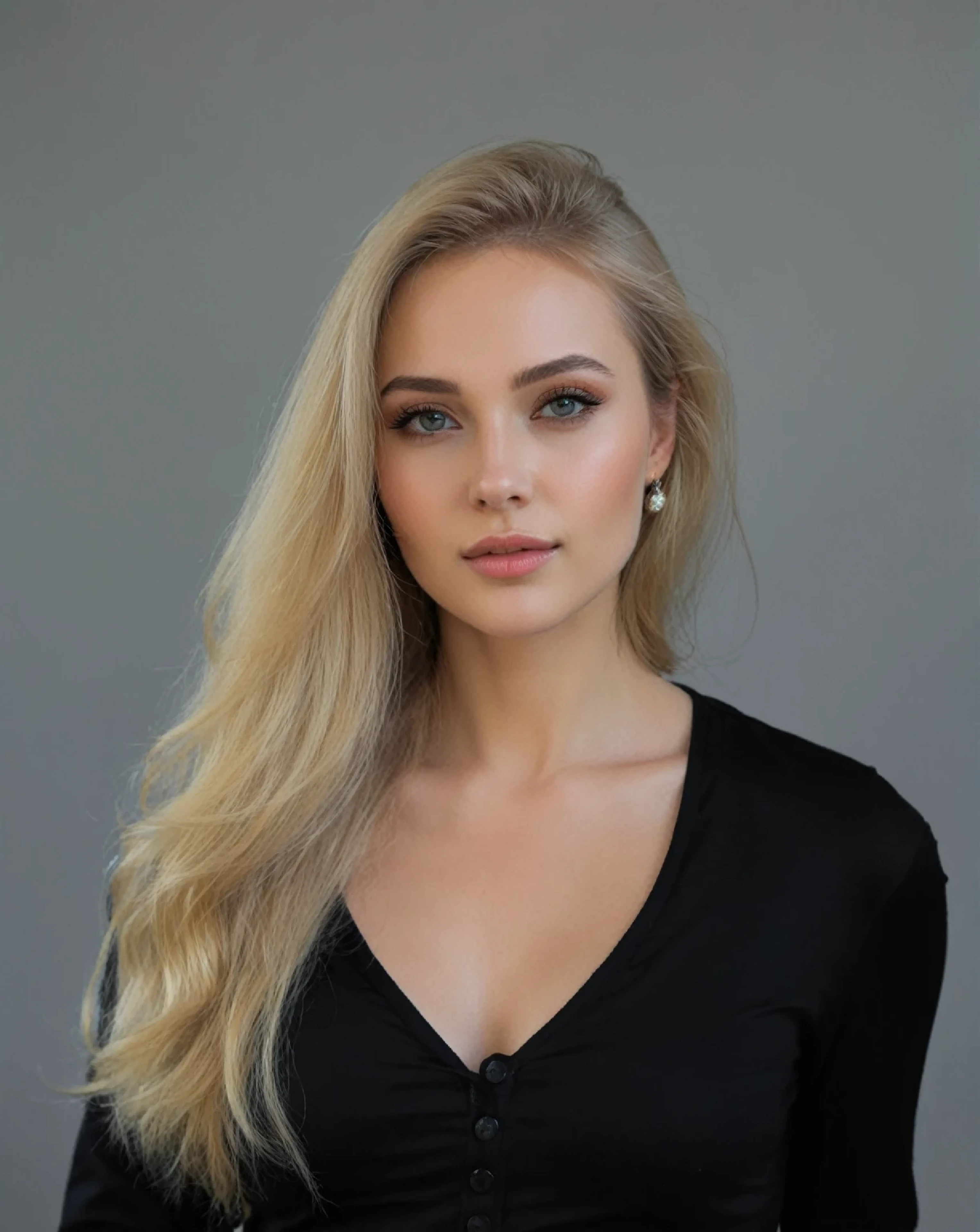 A closeup of a woman with long blonde hair wearing a black top, Sidney Sweeney, beautiful blonde girl, profile headshot, Beautiful blonde woman, a beautiful blonde, Victoria Gavrilenko, long blonde hair and big eyes, Angelina Stroganova, Anastasia Ovchinnikova, 2 4 year old female model, sexy girl with long blonde hair, beautiful model girl