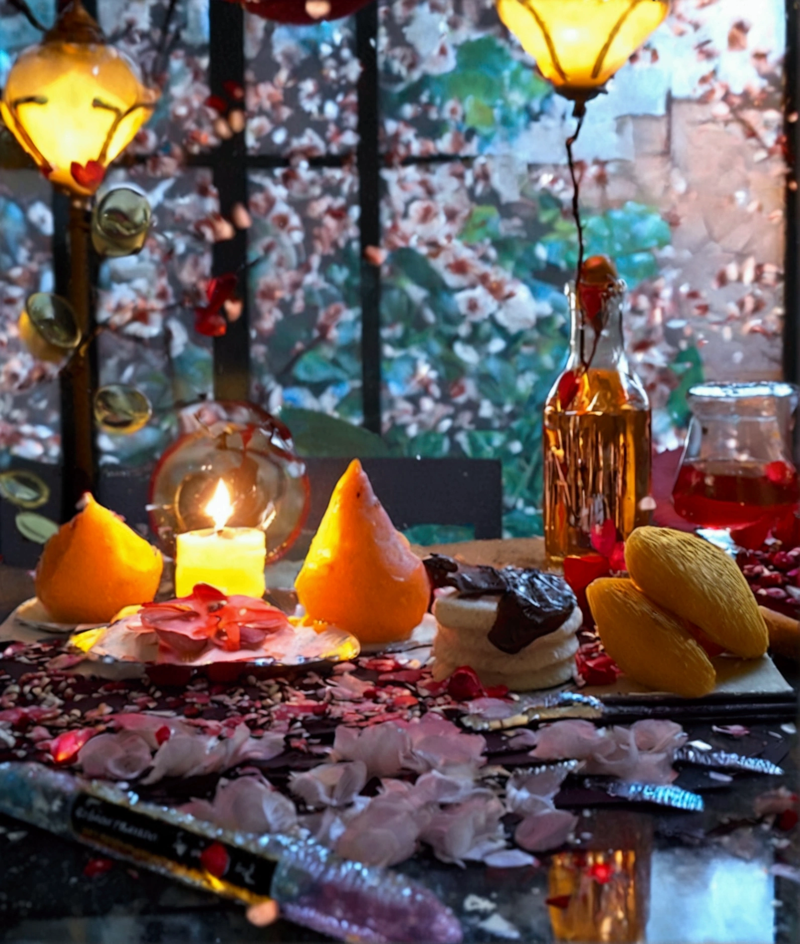 a dark love ritual, just the table with love ritual products
