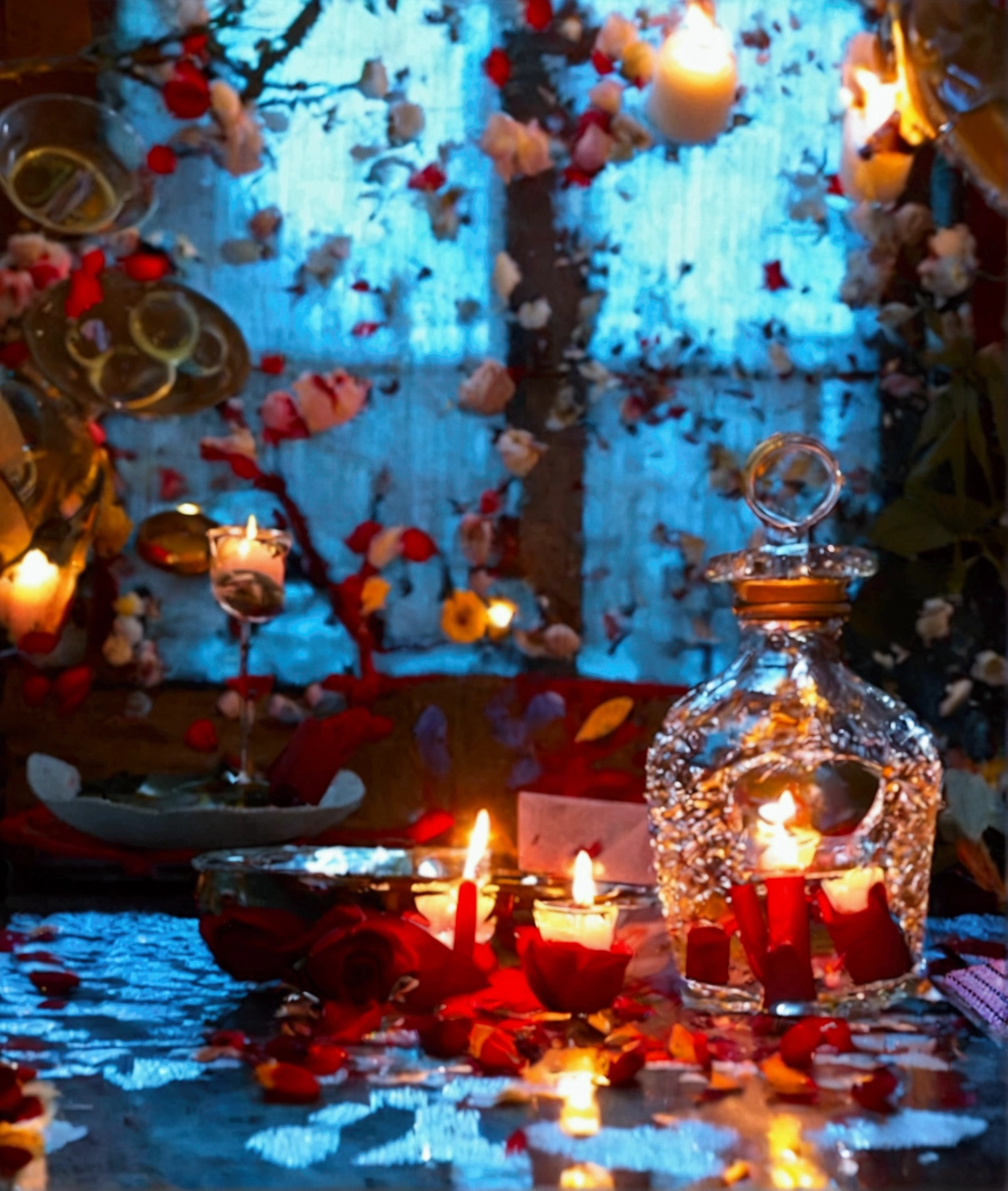 a dark love ritual, just the table with love ritual products