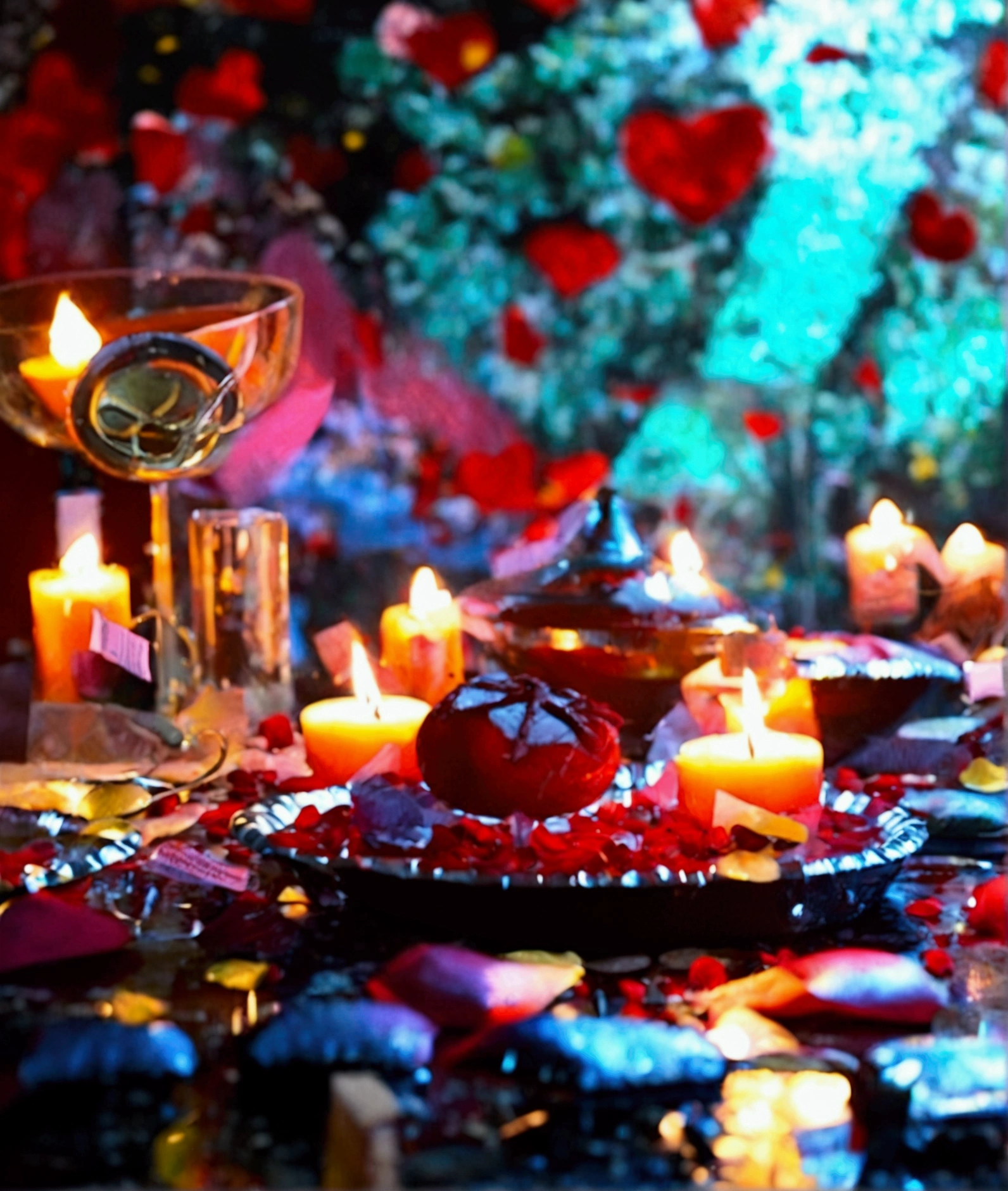 a dark love ritual, just the table with love ritual products