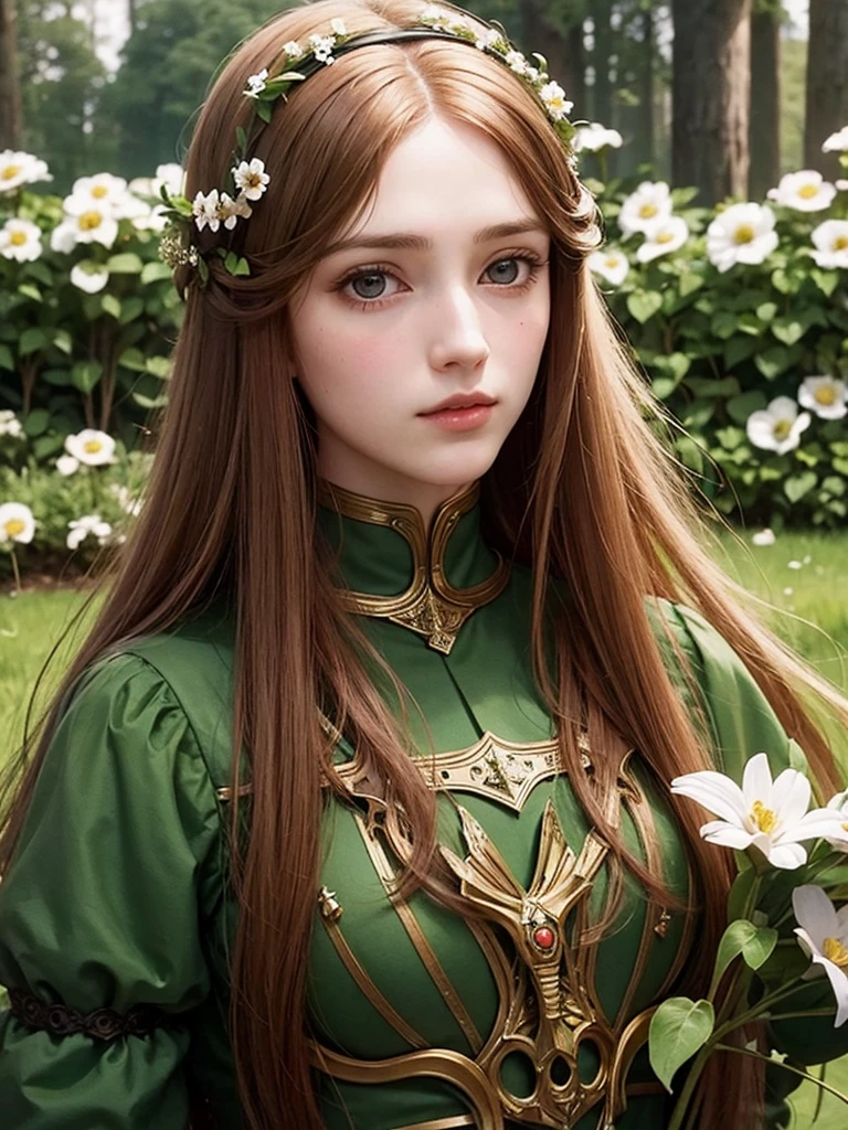 Pre-Raphaelite close-up portrait of a young maiden with long hair, wearing armor, surrounded by flowers, high-quality, high definition