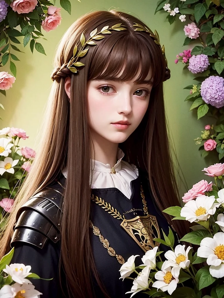 Pre-Raphaelite close-up portrait of a young maiden with long hair, wearing armor, surrounded by flowers, high-quality, high definition
