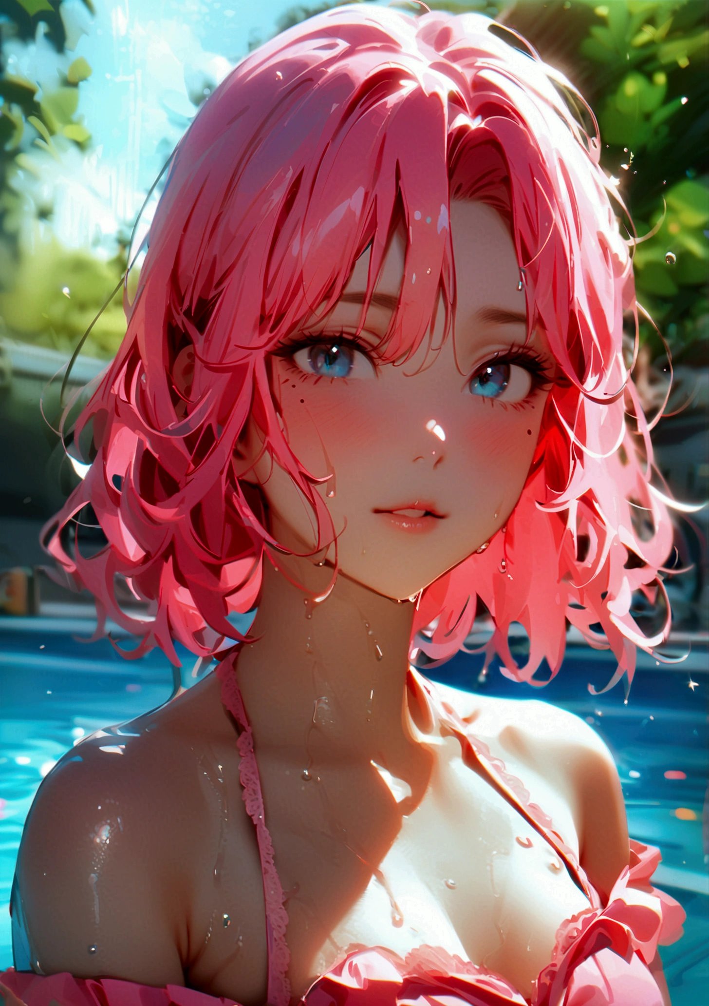 (1 girl),(Best Picture Quality, 8K, Masterpiece:1.3), (18year:1.5), ((pink lob hair:1.1)), (bob cut),(swept bangs), (cute eyes, pupil black, iris skyblue, youthful face), (mole under right eye), (standard weight), (small breasts), (glistening skin:1.1),(pale skin:1.2), (poolside), ((off shoulder lace up pink dress)),(wet:1.1).