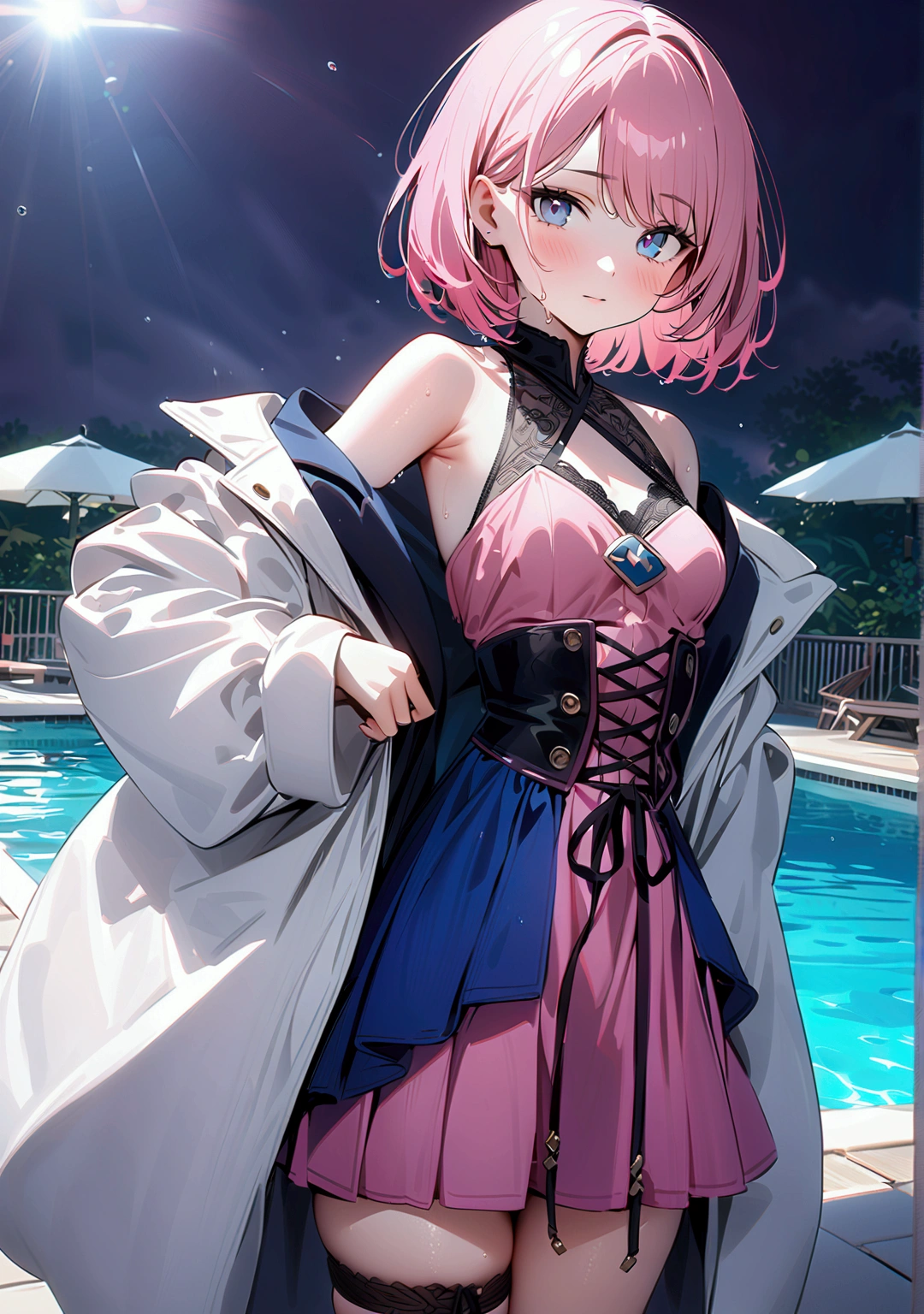 (1 girl),(Best Picture Quality, 8K, Masterpiece:1.3), (18year:1.5), ((pink lob hair:1.1)), (bob cut),(swept bangs), (cute eyes, pupil black, iris skyblue, youthful face), (mole under right eye), (standard weight), (small breasts), (glistening skin:1.1),(pale skin:1.2), (poolside), ((off shoulder lace up pink dress)),(wet:1.1).