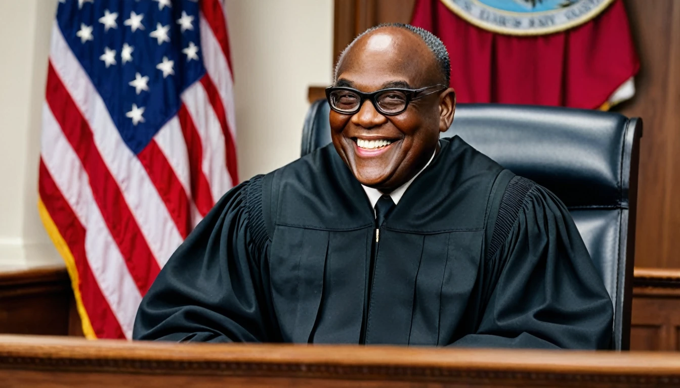large smiling black judge sitting in court behind bench, short pompadour hair, american flag on left side in background, navy blue flag with gold trim on right side in background