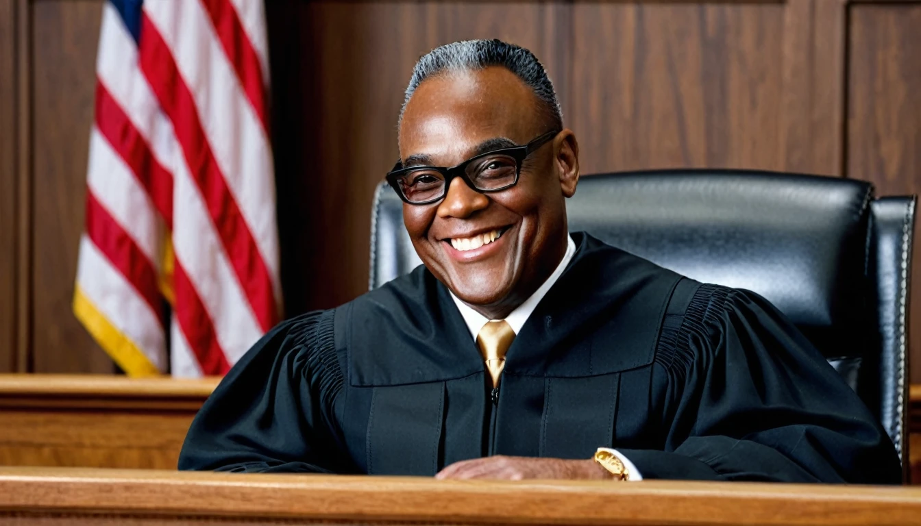 large smiling black judge sitting in court behind bench, short pompadour hair, american flag on left side in background, navy blue flag with gold trim on right side in background