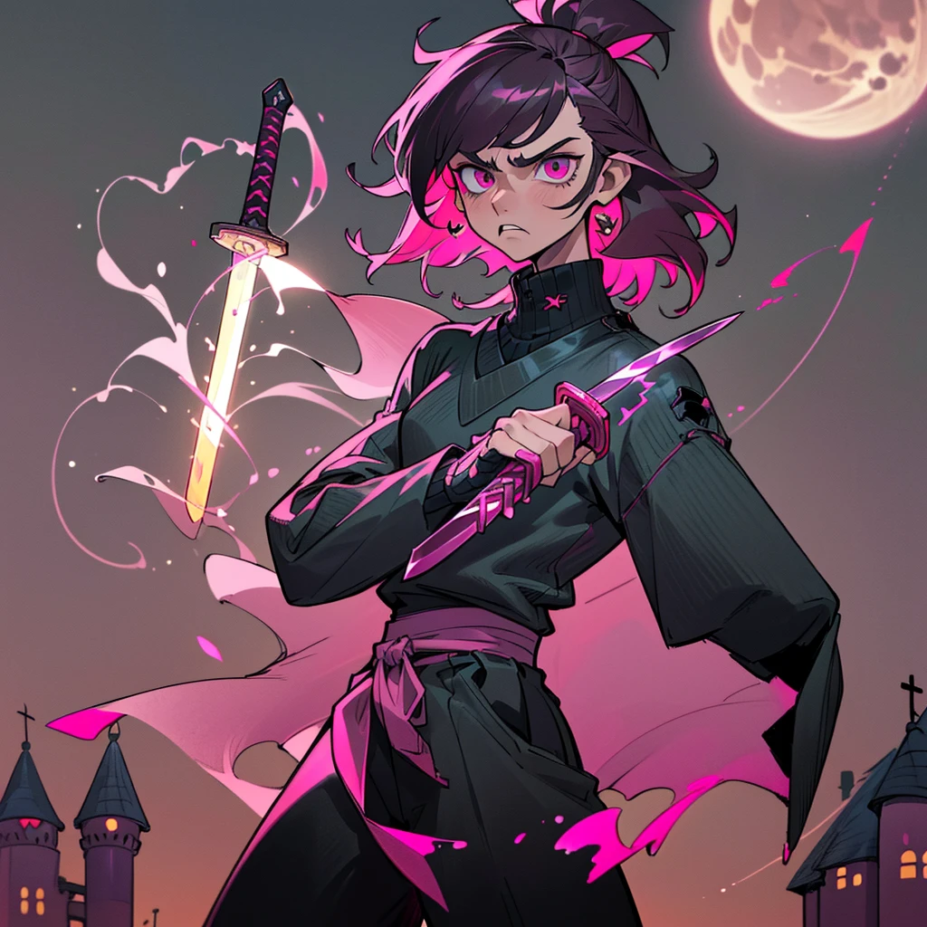 ((highest quality, masterpiece, 4k, finely detailed, detailed eyes, mean face, intricate details, gelbooru, pixiv)), dark lighting, idol, super idol, super model ((solo)), 1 male, ((male)) (, masculine, adult man, broad shoulders, tall guy, small thin body), ((black MID hair, messy mid hair, hair, bangs)), light skin, sharp features, (ears), ((baggy clothes, oversized clothes)), , ((sharp eyes, dark pink eye color, mean expression, holding a pink sword with a scorpion on it)), dynamic pose, infinty castle background, night sky, moon night, turtleneck dark pink and black sweater, loose black pants, oversized parka