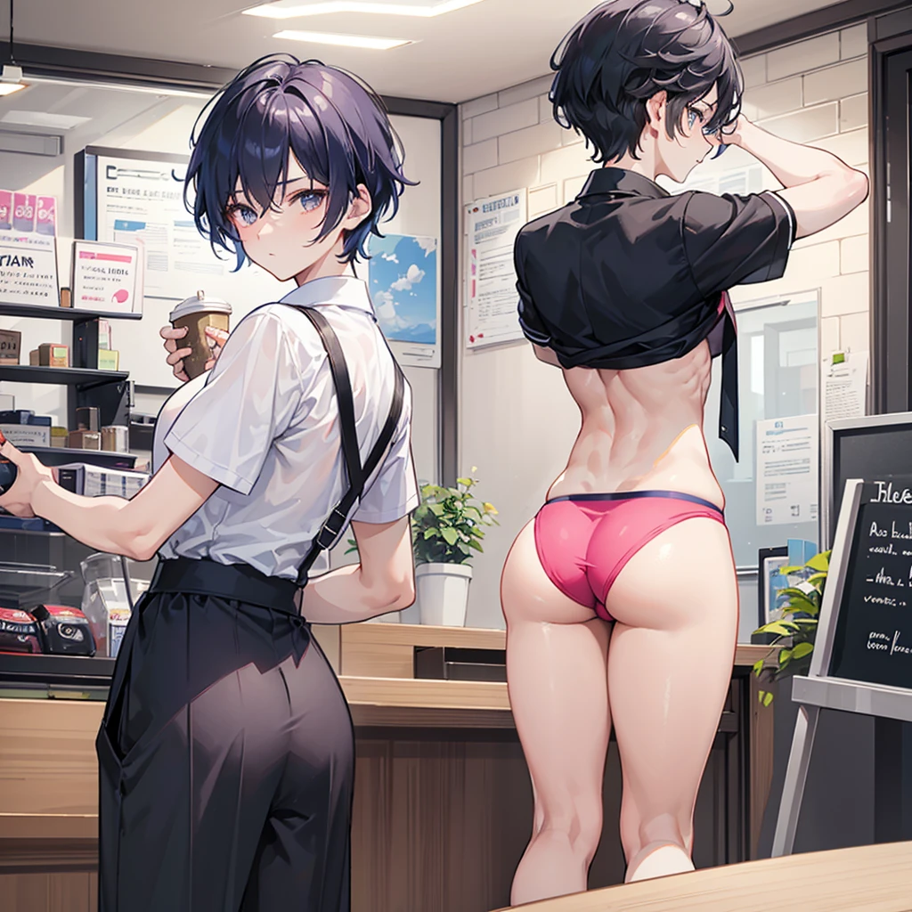 College . Boyale. Short hair. He is a handsome man, very disciplined and studious. He has a slim toned body and a thick rear, wears a pink short short, making his voluminous ass stand out. Blone messy hair. High quality. Bending over, rear pointed at camera, looking back. Coffee shop. One guy only