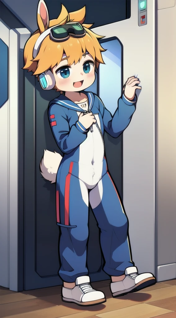 2D Boy Shota,One-piece mountaineering suit,Slim, Put the headphones on your head,stand up,goggles,Rabbit ears,happy,Sailor collar,tie,Zipper pulled down,sports shoes