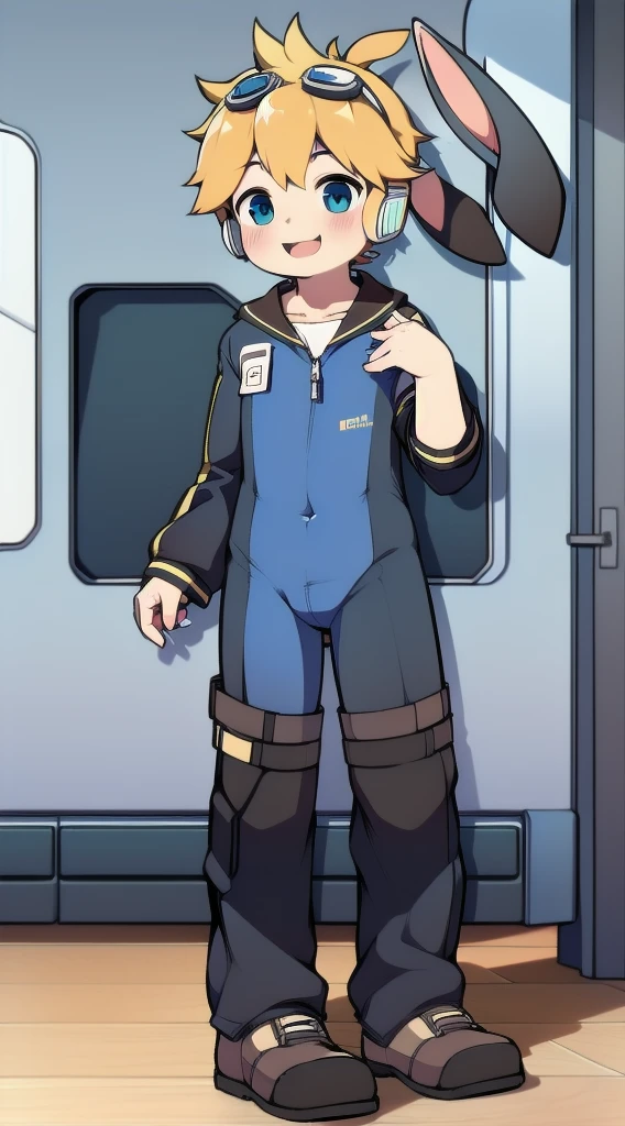 2D Boy Shota,One-piece mountaineering suit,Slim, Put the headphones on your head,stand up,goggles,Rabbit ears,happy,Sailor collar,tie,Zipper pulled down,sports shoes
