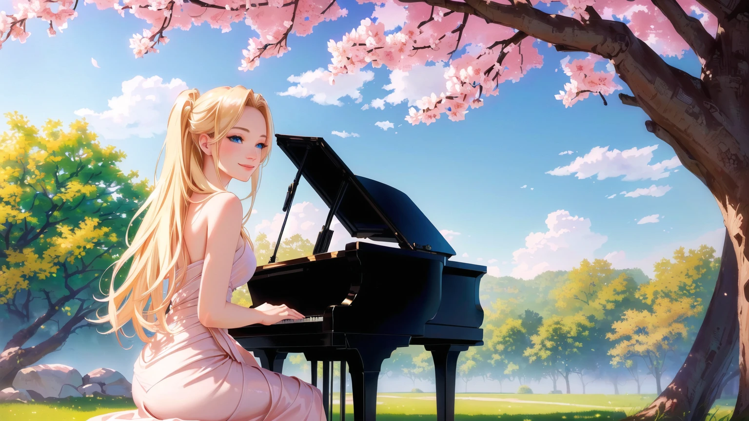 a beautiful blonde girl smiling, with stunning blue eyes, playing a grand piano under a blooming cherry blossom tree with vibrant colors, masterpiece, (best quality,4k,8k,highres,masterpiece:1.2),ultra-detailed,(realistic,photorealistic,photo-realistic:1.37),intricate details,exquisite textures,soft lighting,warm color palette,cinematic composition,dramatic lighting,dramatic pose,elegant,graceful,serene,peaceful,calming,fantasy,digital painting,oil painting,photorealistic,highly detailed