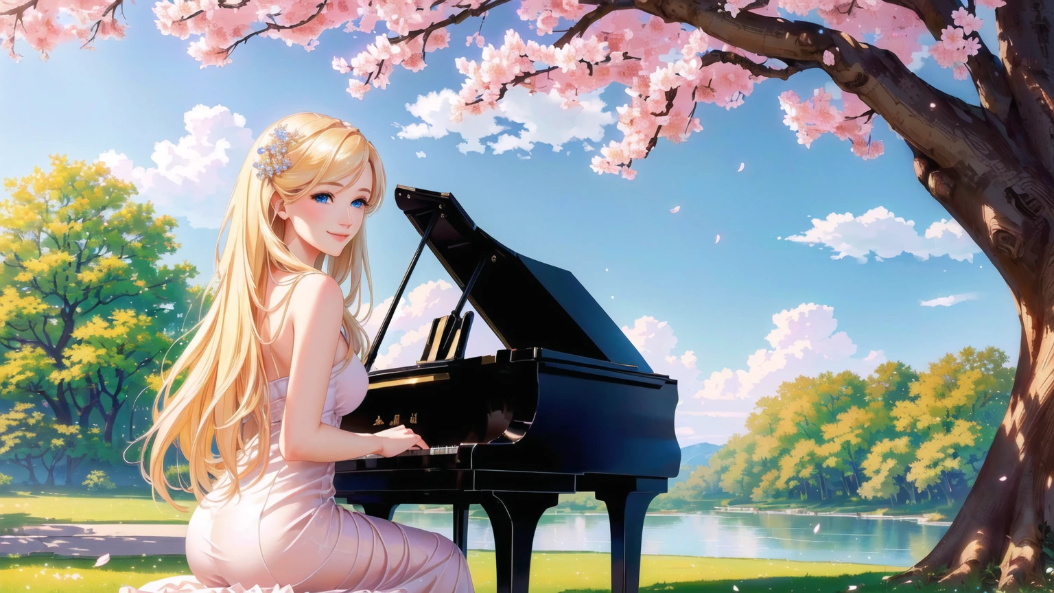a beautiful blonde girl smiling, with stunning blue eyes, playing a grand piano under a blooming cherry blossom tree with vibrant colors, masterpiece, (best quality,4k,8k,highres,masterpiece:1.2),ultra-detailed,(realistic,photorealistic,photo-realistic:1.37),intricate details,exquisite textures,soft lighting,warm color palette,cinematic composition,dramatic lighting,dramatic pose,elegant,graceful,serene,peaceful,calming,fantasy,digital painting,oil painting,photorealistic,highly detailed