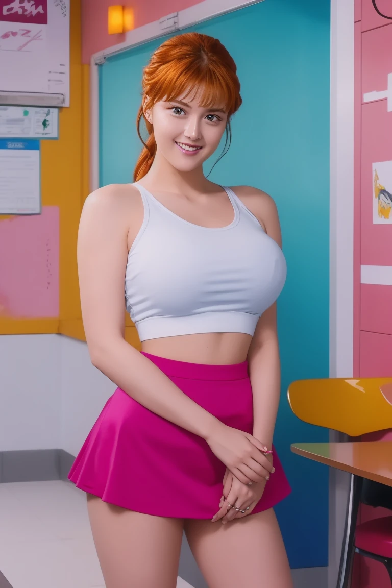 ((masterpiece, Highest quality)), (Very detailed, Perfect Anatomy), Orange Hair, ponytail, ((Huge breasts)), Covered erect nipples, Thick thighs, waitress, Puffy sleeves, Frilled shirt, Pink mini skirt, smile, (family restaurant), indoor, Daytime, Animation painting, Anime Color, (Shiny texture), (High Contrast), ((Glowing Skin, Glowing Skin), Oily skin, Shiny skin), Very detailed肌, Wet Skin, 4K, Hard Light, High resolution, (One girl, alone), (Full Body Shot),