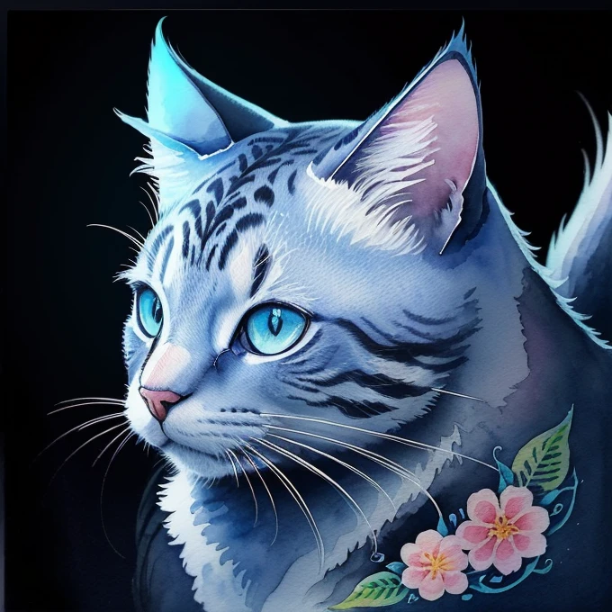 ((animal,Watercolor painting, one cat,cute)), art with colorful flowers, blue colored eyes, from front view, action photo, shiny colors, high détail, black backdrop, Logo design, Neo-Traditional Tattoo Styles, 2d, flat vector, Design , Fantasyart, watercolor effect, Glow effect,digitalpainting, pop,posh, 8K, sticker