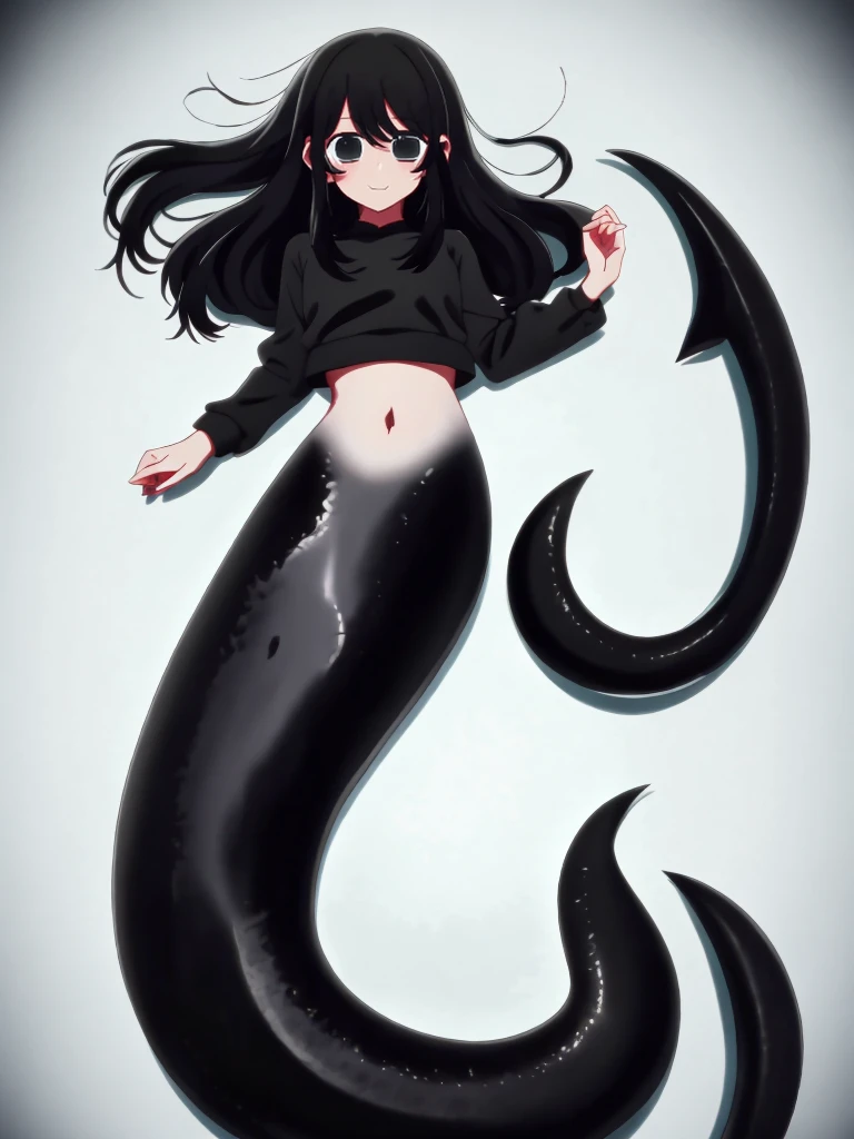 (mermaid:1.0), long black shark tail, full body, midriff black crop top, beautiful perfect symmetrical face, beautiful cute dark ager girl, full body, sea, long black pony tail