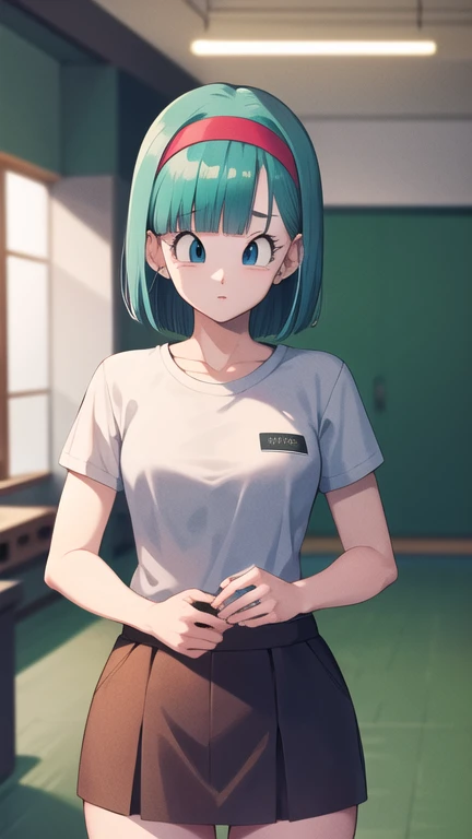 masterpiece, best quality, highres, dragon ball, blmmid, aqua hair, medium hair, blunt bangs, red hairband, medium breasts, shirt, skirt, cowboy shot, indoors, standing,