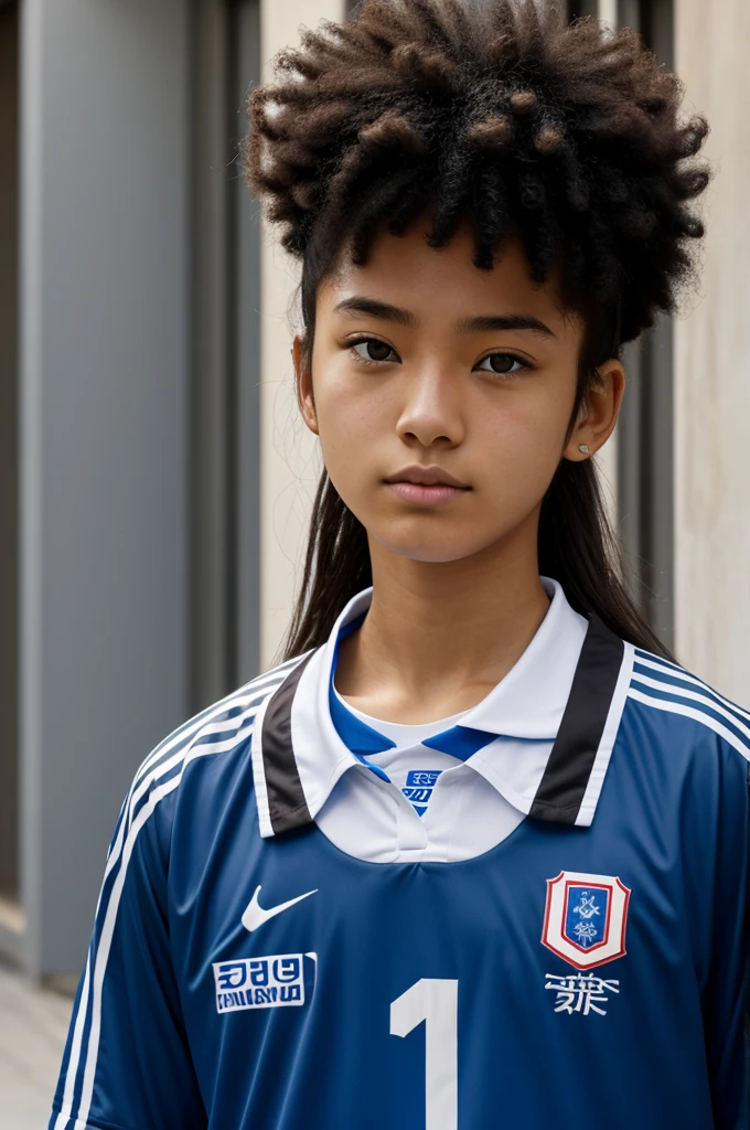 Blue Lock screenshot. Jaw length hair, black and afro, brown eyed brunette, calm expression, with 2018 Japanese U20 national team shirt. anime Blue Lock