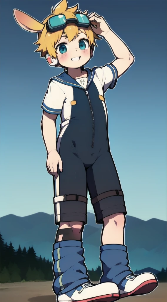 2D Boy Shota,One-piece mountaineering suit,Slim, Put the headphones on your head,stand up,goggles,Rabbit ears,happy,Sailor collar,tie,Zipper pulled down,sports shoes