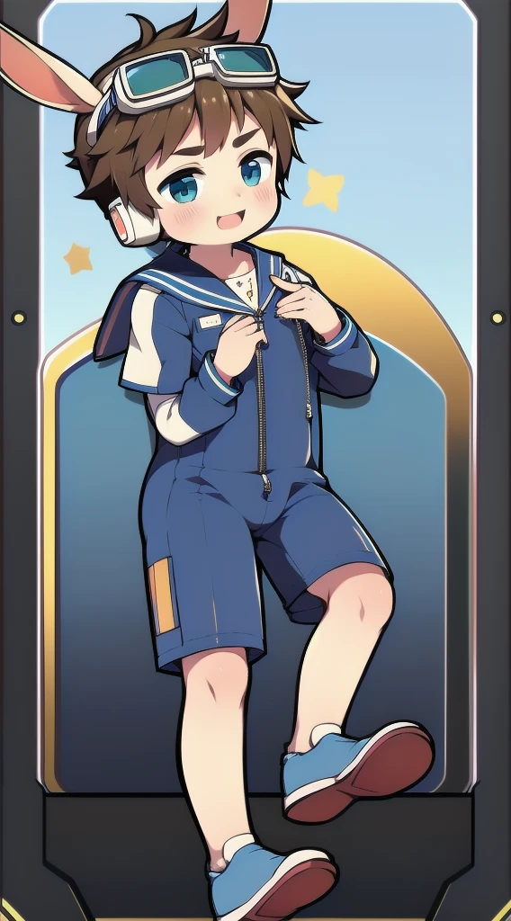 2D Boy Shota，Overalls，Slim, healthy body，Put the headphones on your head，stand up，goggles，Rabbit ears，happy，Sailor collar，tie，Zipper pulled down，boots，Charming