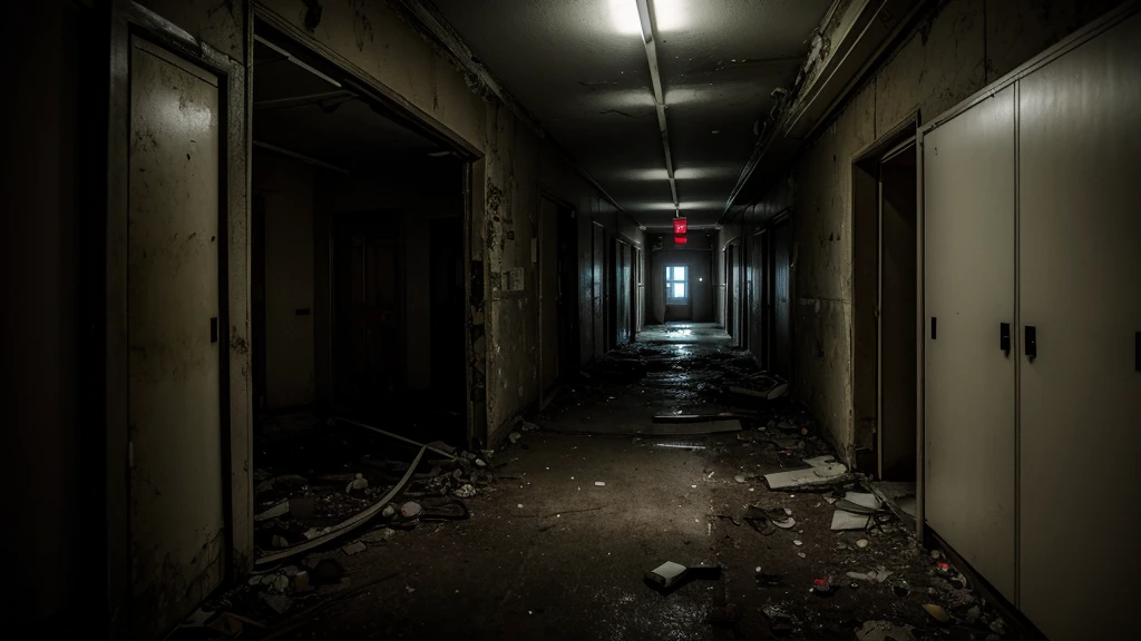 Dark corridors of an abandoned hospital with intermittently flashing lights, creating an atmosphere of tension and mystery.