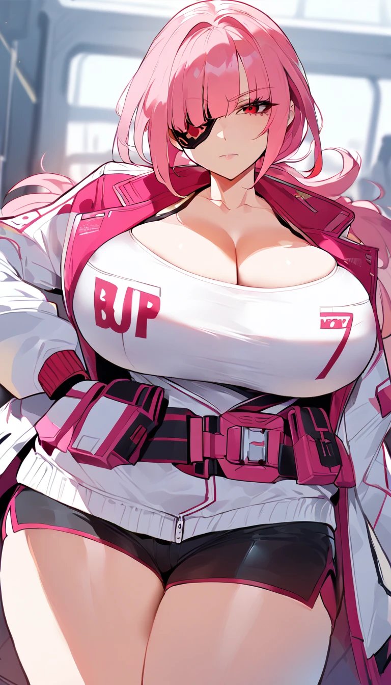 score_9,score_8_up,score_7_up,score_6_up , floox style,baiken, 1girl, breasts, solo, pink hair, ponytail, long hair, cleavage, looking at viewer, huge breasts, jacket, red eyes, collarbone, large breasts, closed mouth, eyepatch,